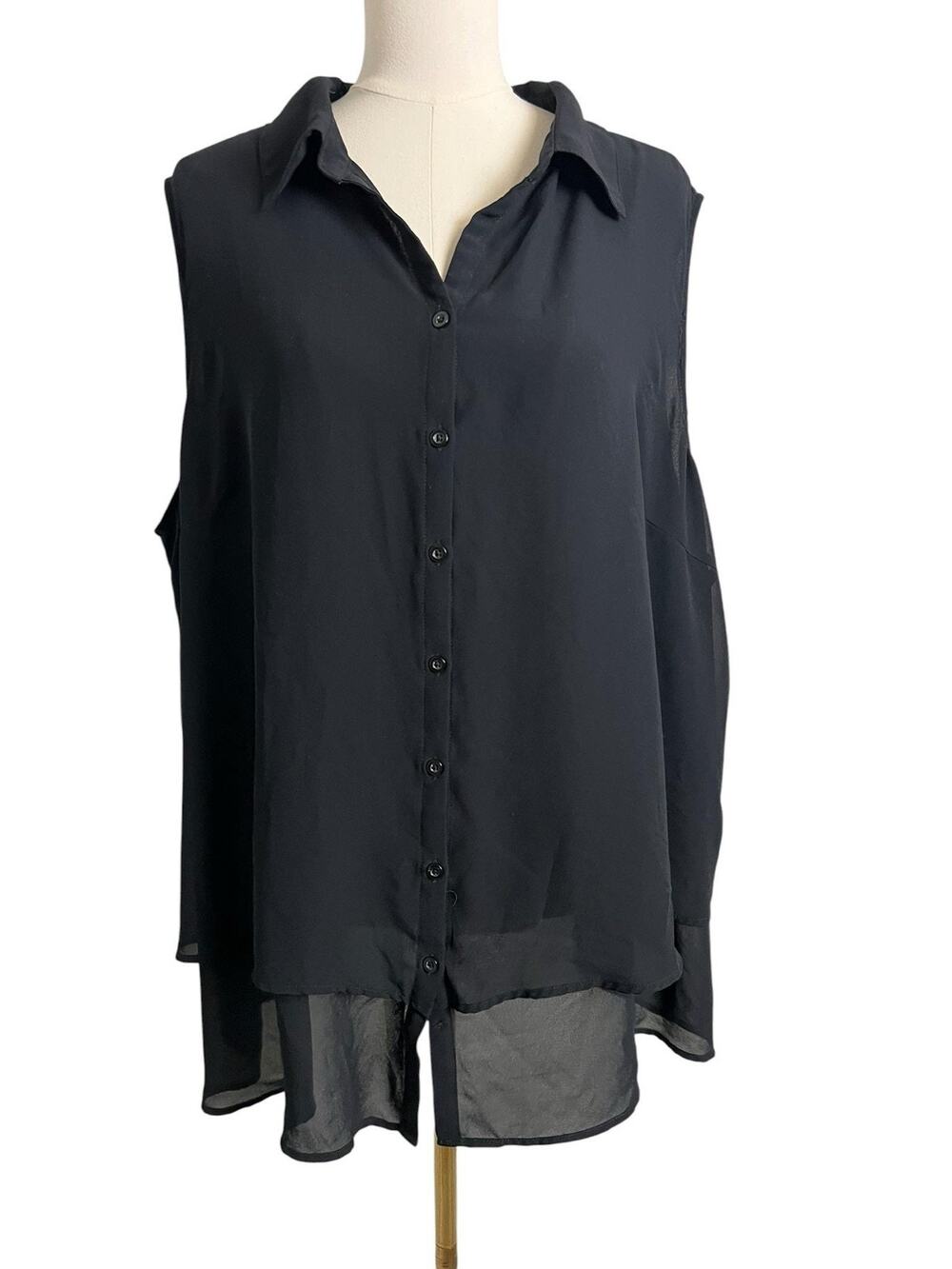 Roaman's Tunic Blouse Womens 24W Black Sleeveless Sheer Chiffon Button Top